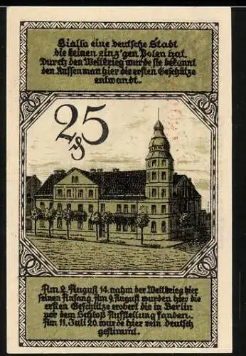 Notgeld Bialla 1920, 25 Pfennig, Rathaus, Wappen