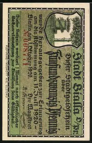 Notgeld Bialla 1920, 25 Pfennig, Rathaus, Wappen