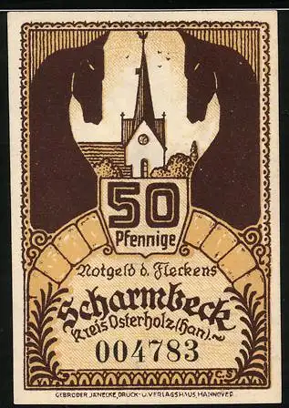 Notgeld Scharmbeck 1920, 50 Pfennig, Pferdeköpfe und Kirche