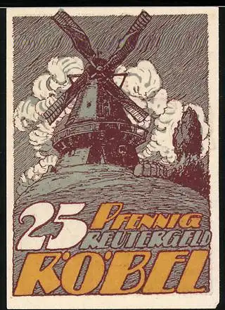 Notgeld Röbel 1922, 25 Pfennig, Windmühle, Soldaten mit Pferd