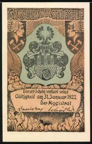 Notgeld Celle 1922, 50 Pfennig, Celler Quartett, Birken im Moor, Stadtwappen