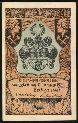 Notgeld Celle 1922, 75 Pfennig, Celler Quartett, Wacholdergruppe, Stadtwappen