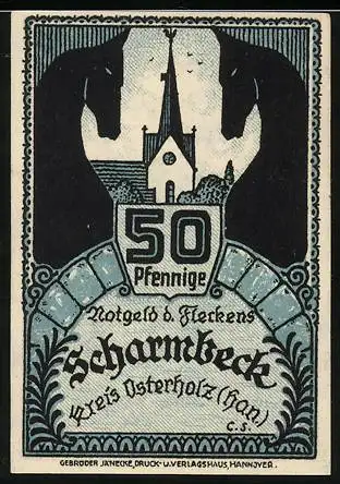 Notgeld Scharmbeck 1920, 50 Pfennig, Kirche, Wappen