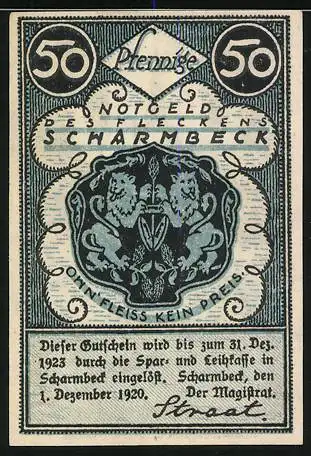 Notgeld Scharmbeck 1920, 50 Pfennig, Kirche, Wappen