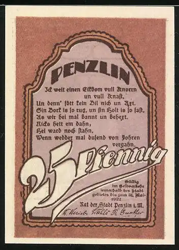 Notgeld Penzlin 1922, 25 Pfennig, Kirche Seitenansicht