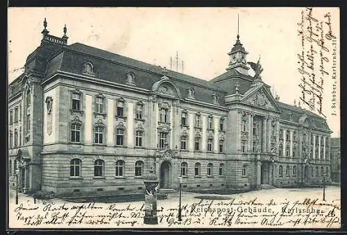 AK Karlsruhe, Reichspost-Gebäude mit Litfasssäule