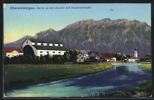 AK Oberammergau, Partie an der Ammer mit Passionstheater