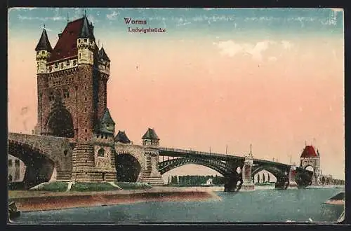 AK Worms, Ludwigsbrücke mit Rhein