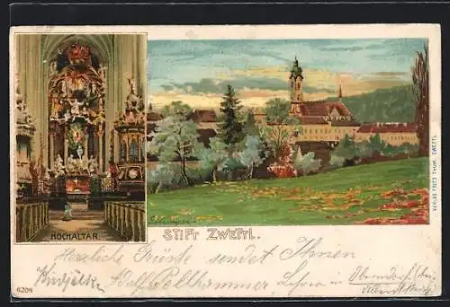 Lithographie Zwettl, Stift Zwetttl, Hochaltar