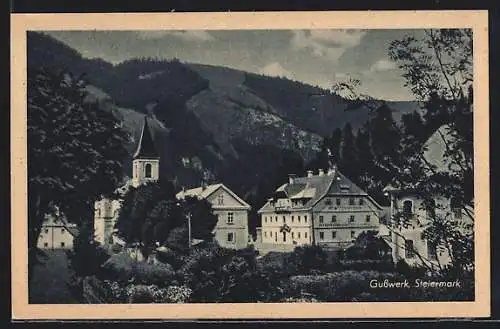 AK Gusswerk /Steiermark, Ortspartie mit Hotel und Kirche