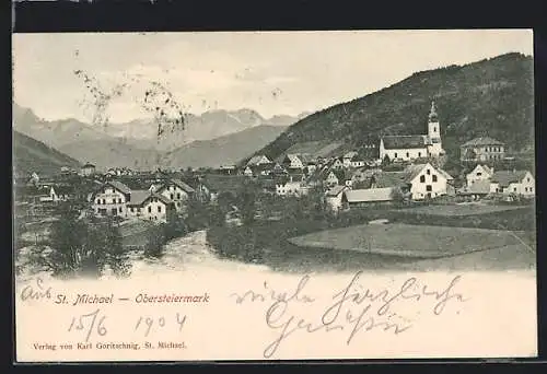 AK St. Michael /Obersteiermark, Teilansicht mit Kirche