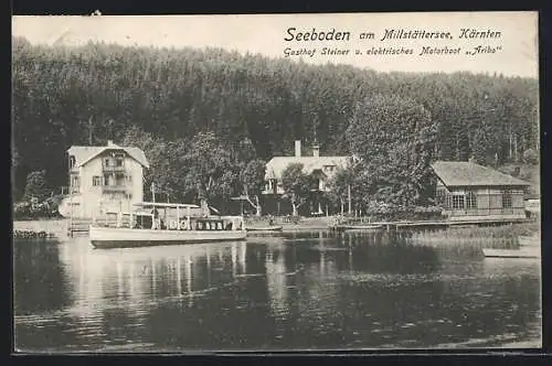 AK Seeboden am Millstättersee, Gasthof Steiner und elektrisches Motorboot Aribo