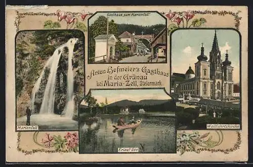 AK Maria-Zell, Anton Hofmeiers Gasthaus in der Grünau, Wallfahrtskirche