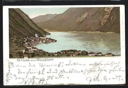 Lithographie Hallstatt, Totalansicht aus der Vogelschau
