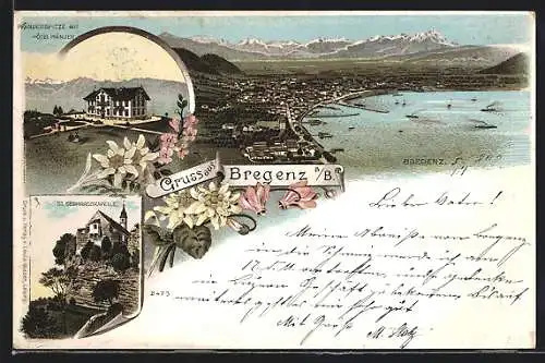 Lithographie Bregenz a. B., Pfänderspitze mit Hotel Pfänder, St. Gebhardskapelle, Hafenpanorama