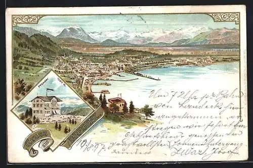Lithographie Bregenz, Panoramablick mit Alpen, Pfänder