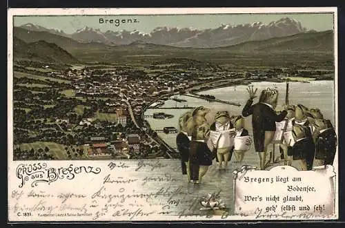 Lithographie Bregenz, Blick über den Ort und den See