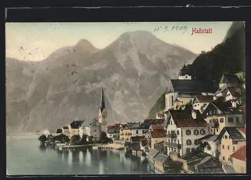 AK Hallstatt, Ortsansicht am Wasser mit der Kirche