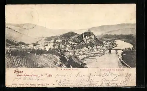AK Saarburg bei Trier, Gesamtansicht mit Katholischer Kirche und Flussbrücke