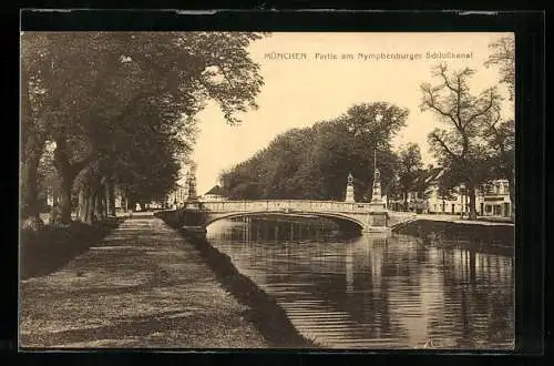 AK München-Nymphenburg, Partie am Nymphenburger Schlosskanal mit Brücke