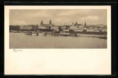 AK Mainz, Panoramablick auf die Stadt über den Fluss