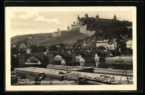 AK Würzburg, Alte Mainbrücke mit Blick auf Festung und Käppele
