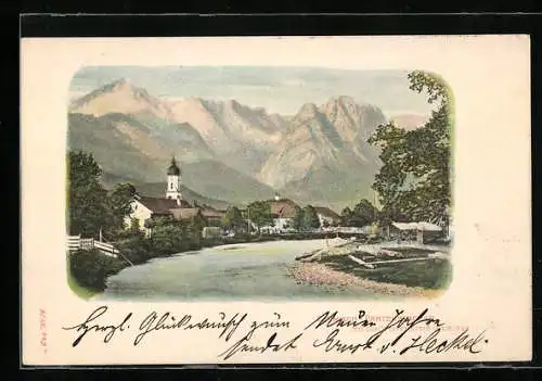 AK Garmisch-Partenkirchen, Ortsansicht mit Wetterstein-Gebirge