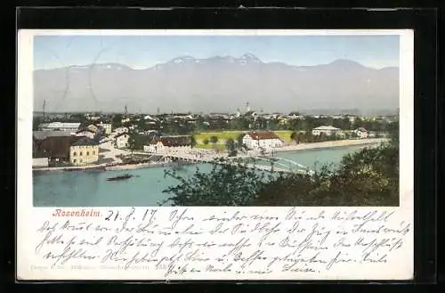 AK Rosenheim, Blick über die Ortschaft mit Innbrücke und Alpenpanorama