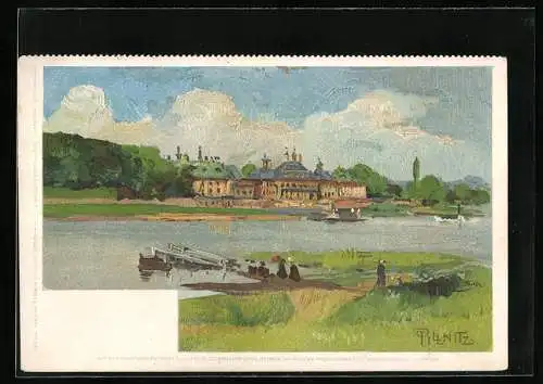 Künstler-AK Dresden-Pillnitz, Blick über die Elbe