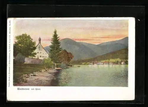 AK Walchensee, Uferpartie mit Hotel bei Sonnenuntergang
