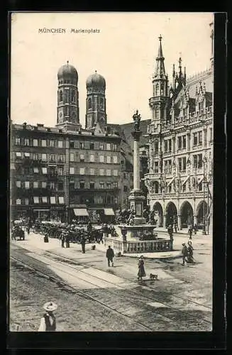 AK München, Marienplatz mit Geschäften und Kirche