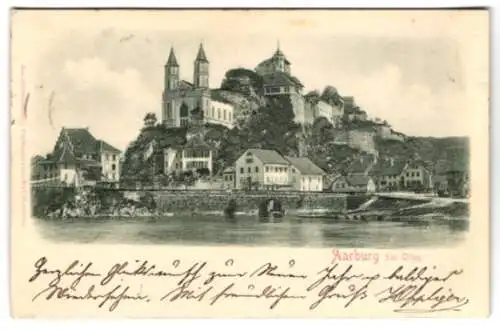 Relief-AK Aarburg bei Olten, Ortsansicht vom Fluss mit Kirche und Festung