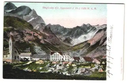Relief-AK Meglisalp, Ortsansicht mit Kirche in den Bergen