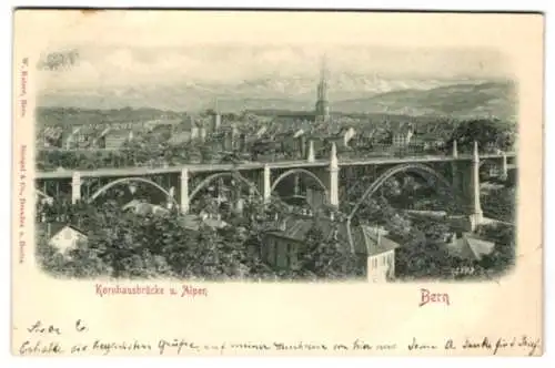 Relief-AK Bern, Die Kornhausbrücke gegen die Stadt und die Alpen