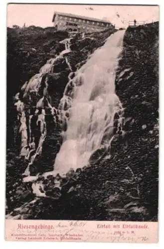 Relief-AK Elbfallbaude /Riesengebirge, Die Berghütte am Elbfall