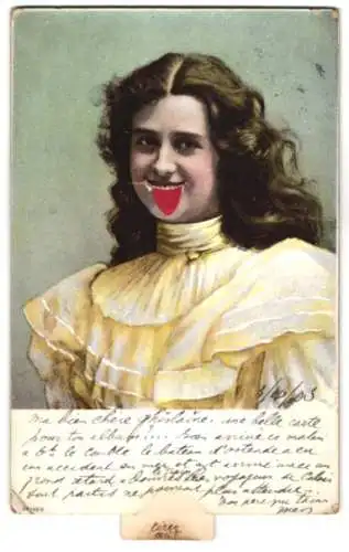 Mechanische-AK Junge Frau im Kleid streckt die Zunge heraus