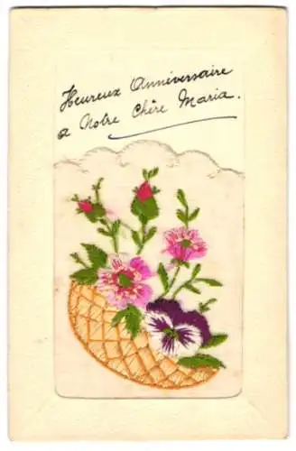 Seidenstick-AK Korb mit Stiefmütterchen und rosanen Blüten