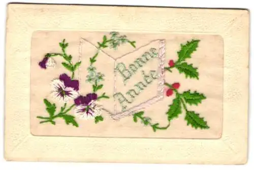 Seidenstick-AK Rosanes Buch zu Neujahr mit Stiefmütterchen und Stachelpalme