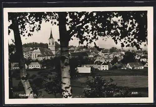 AK Gmünd /N.-D., Ortsansicht mit Kirche durch zwei Birken