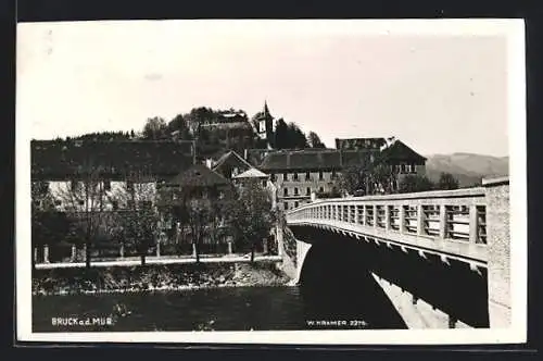 AK Bruck a. d. Mur, Uferpartie an einer Brücke