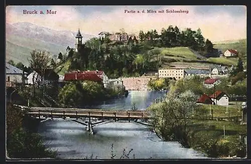 AK Bruck a. Mur, Partie a. d. Mürz mit Schlossberg