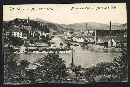 AK Bruck a. d. Mur, Ortsansicht mit Zusammenfluss der Mürz und Mur