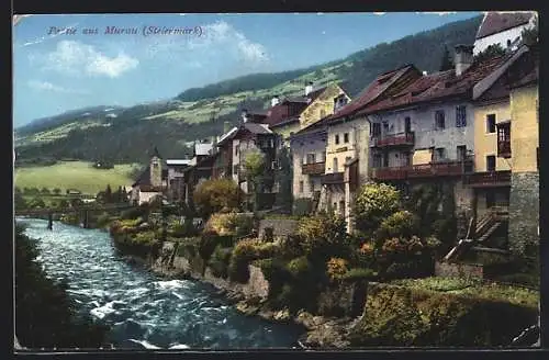 AK Murau, Ortspartie mit Fluss und Brücke