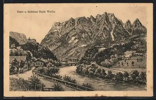 Künstler-AK Markt Werfen, Gasthaus und Badeanstalt