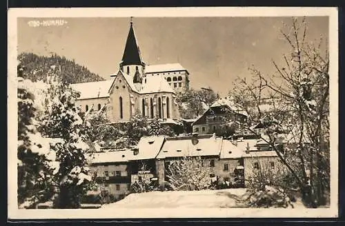 AK Murau, Ortspartie mit Kirche im Schnee