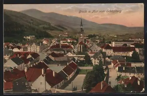 AK Bruck a. Mur, Teilansicht mit Kirche vom Schlossberg aus gesehen