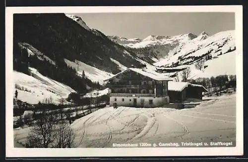 AK Saalbach, Hotel Simonshaus gegen Gamshag, Tristkogel und Staffkogel