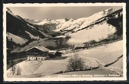 AK Saalbach, Simonshaus, Ansicht geg. Gamshag, Tristkogel und Staffkogel