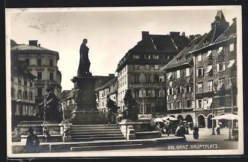 AK Graz, Hauptplatz mit Cafe Nordste, Steierm. Agrar-Bank und Denkmal