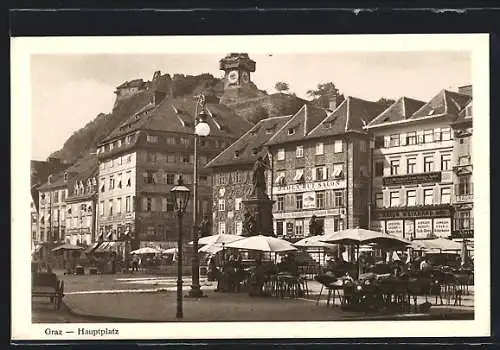 AK Graz, Hauptplatz mit Cafe, Geschäften und Denkmal